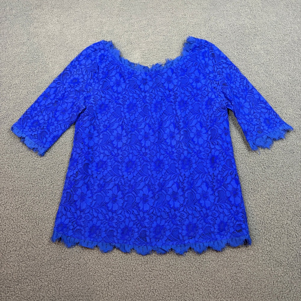 41Hawthorn Blouse Womens S Blue S F5238 Floral Lace Eyelash Trim Short Sleeve